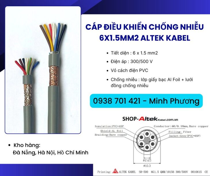 Cáp điều khiển có lớp chống nhiễu 6×1.5mm2 Altek Kabel Phú Yên, Gia Lai, Huế