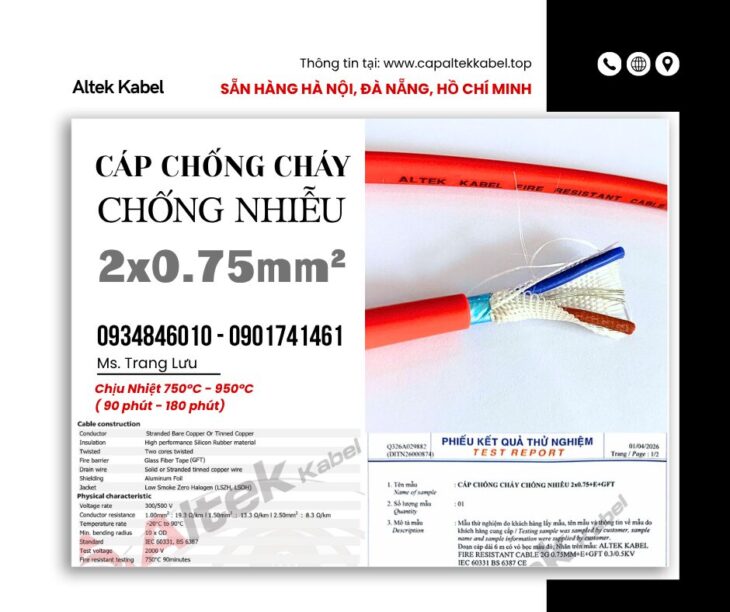 Cáp chống cháy chống nhiễu 2×0.75 Altek Kabel sẵn Đà Nẵng, Bình Định, Phú Yên