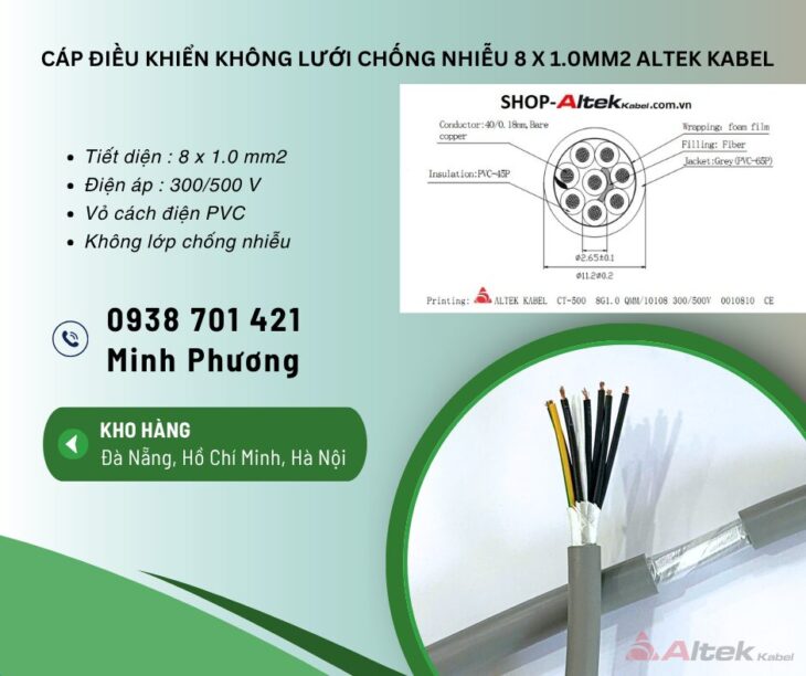 Cáp điều khiển không lưới chống nhiễu 8×1.0mm² – Dây điều khiển 8 lõi 1.0 chất lượng