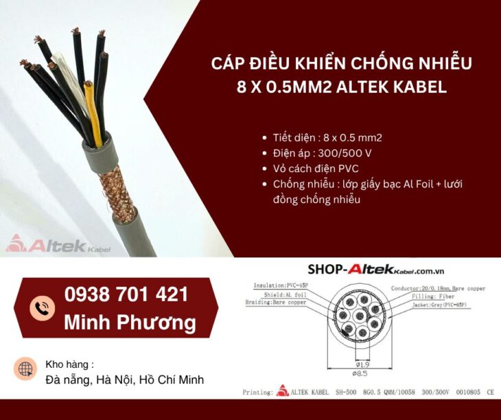 Dây cáp điều khiển có lưới chống nhiễu 8×0.5mm2 giá tốt Đà Nẵng, Nghệ An, Huế