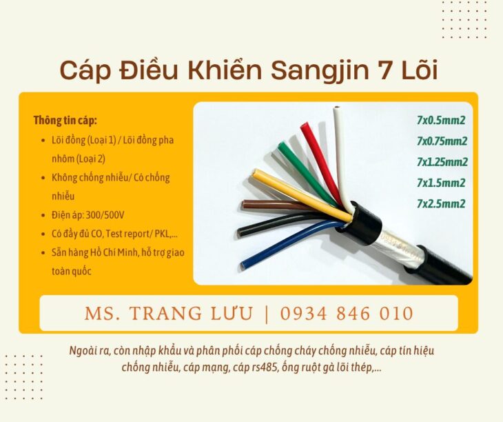 Cáp điều khiển Sangjin 7×0.5/7×0.75/7×1.25/7×1.5/7×2.5 sẵn Sài Gòn, Bình Dương