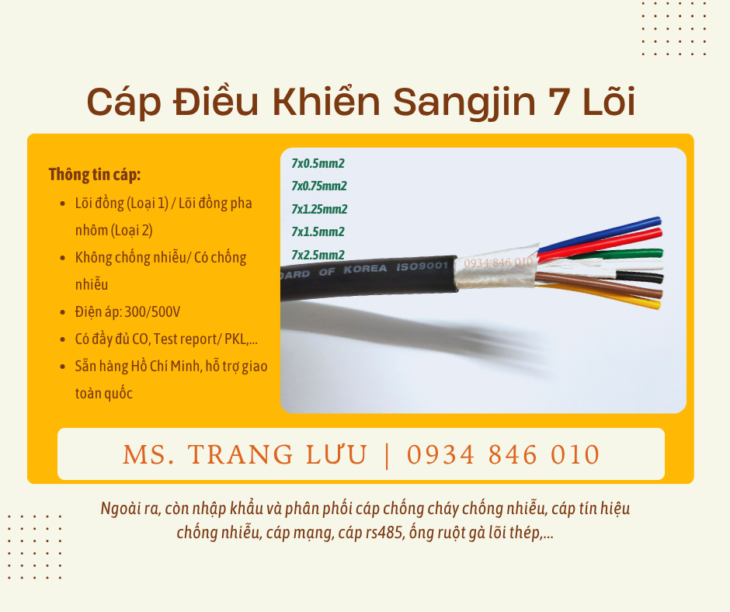 Cáp điều khiển Sangjin 7×0.5/7×0.75/7×1.25/7×1.5/7×2.5 sẵn Sài Gòn, Bình Dương