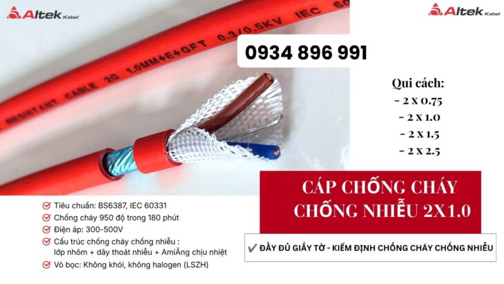 Cáp chống cháy 2×1.0mm² có lưới chống nhiễu – Phân phối tại Đà Nẵng, Huế, Quảng Nam