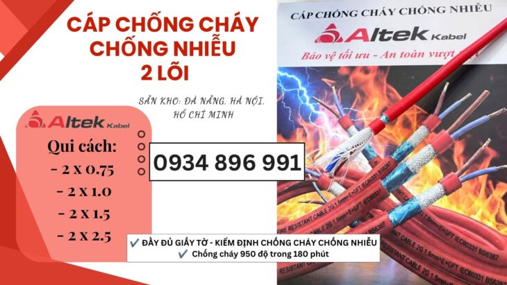 Cáp chống cháy 2×0.75mm² có lưới chống nhiễu sẵn hàng tại Đà Nẵng, Huế