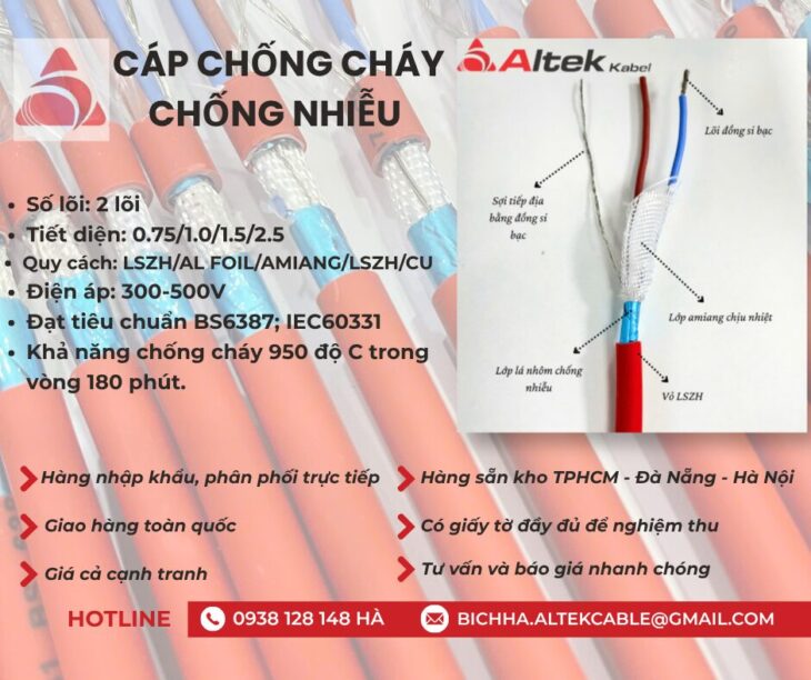 Cáp chống cháy chống nhiễu Altek Kabel 2 lõi, đạt tiêu chuẩn IEC60331- BS6387