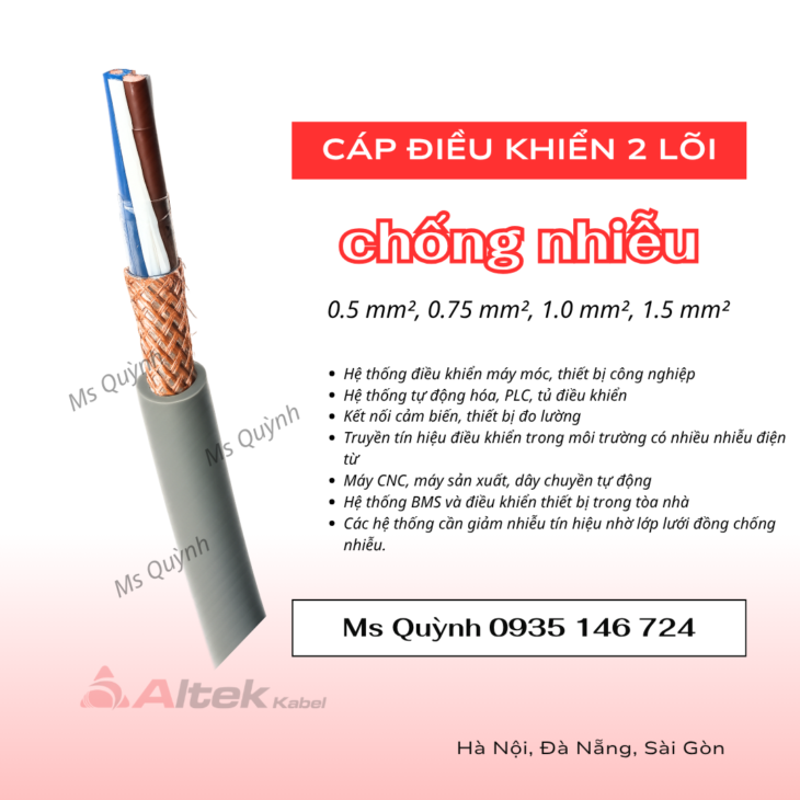 Cáp điều khiển 2 lõi 2×0.5, 2×0.75, 2×1.0, 2×1.5 Altek Kabel
