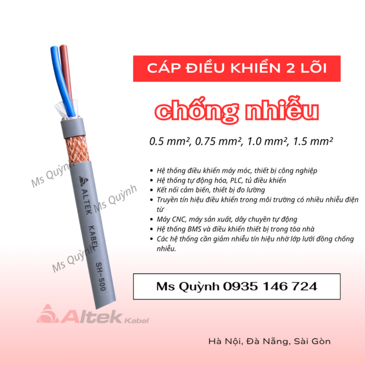 Cáp điều khiển 2 lõi 2×0.5, 2×0.75, 2×1.0, 2×1.5 Altek Kabel