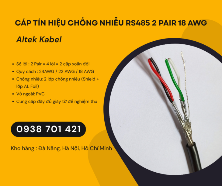 Cáp tín hiệu chống nhiễu RS485 2 Pair 18AWG phân phối Hà Nội, Hải Phòng, Hải Dương