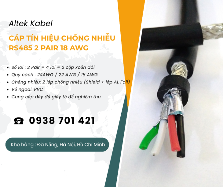 Cáp tín hiệu chống nhiễu RS485 2 Pair 18AWG phân phối Hà Nội, Hải Phòng, Hải Dương