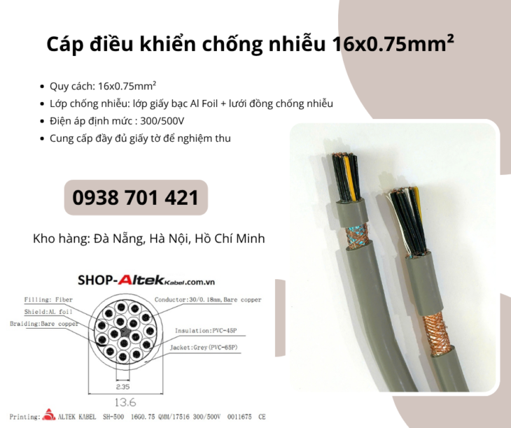 Cáp điều khiển chống nhiễu 16×0.75mm² Altek Kabel Quảng Trị, Huế, Nghệ An