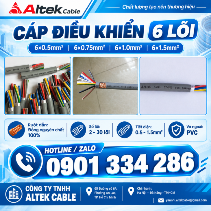 Cáp Điều Khiển Ruột Đồng ALTEK KABEL 6×0.5mm², 6×0.75mm², 6×1.0mm², 6×1.5mm²