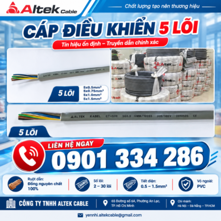 Cáp Điều Khiển 5×0.5mm², 5×0.75mm², 5×1.0mm², 5×1.5mm² ALTEK KABEL